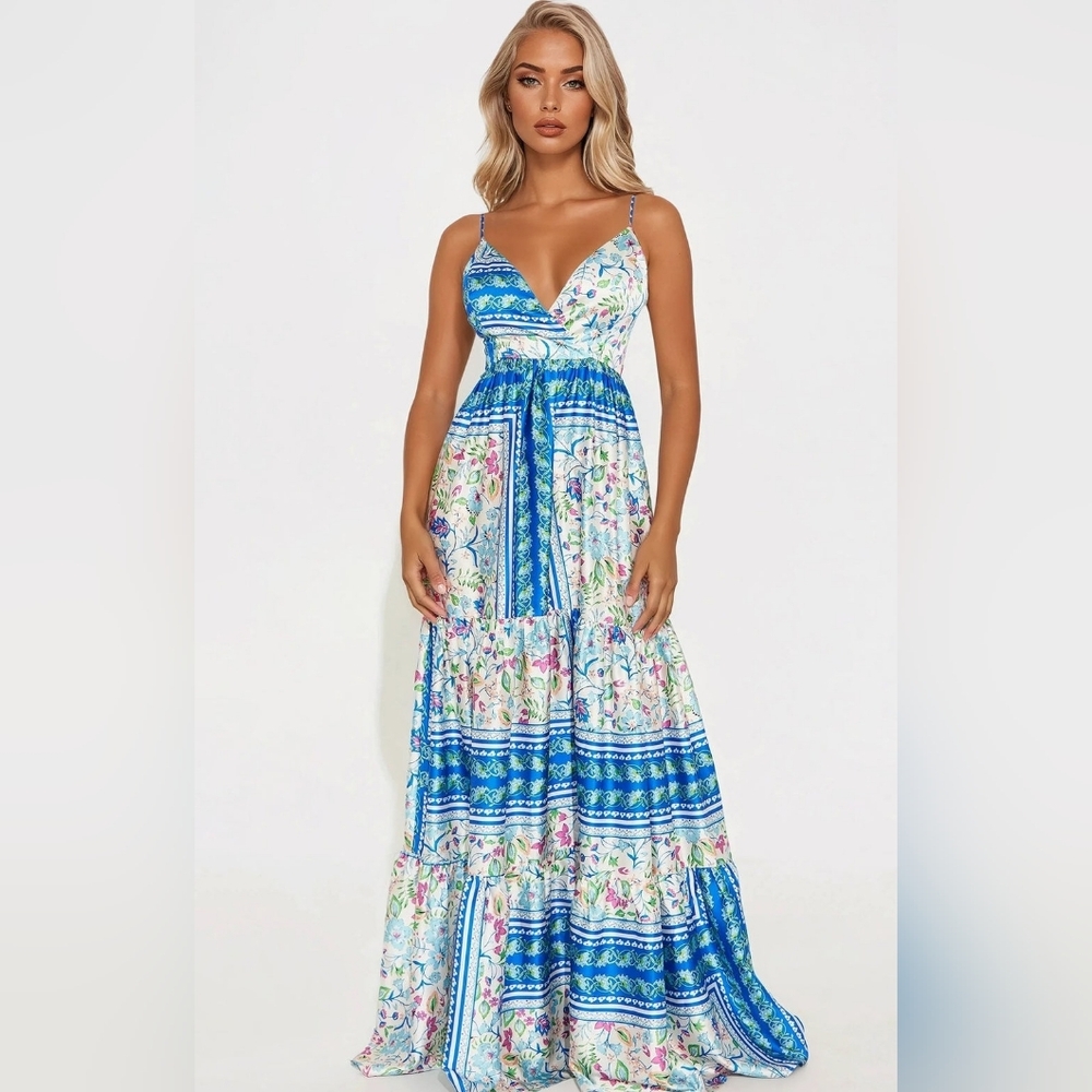 Fashion Nova Blue and White Floral Maxi Dress